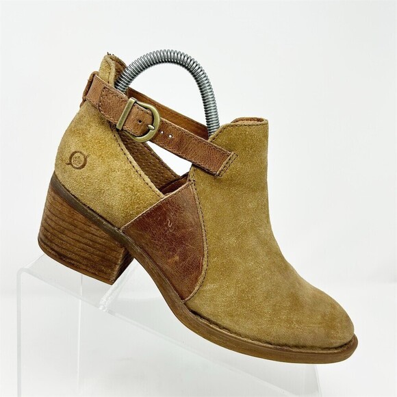 Born Shoes - Born Carin Ankle Booties Womens Size 7M Taupe Brown Tan Buckle Block Heel
